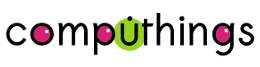 computhings est écrit en minuscule et en noir. L'intérieur des lettre o,p et g est rose avec un petit point blanc à 45°. Le u est sur un disque vert et un petit point noir monte sur le dessus.